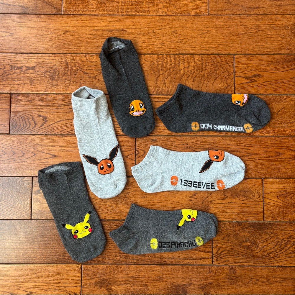 3 for $15 Pokémon Grey Ankle Socks Set (Pikachu, Eevee, Charmander) Adult Unisex